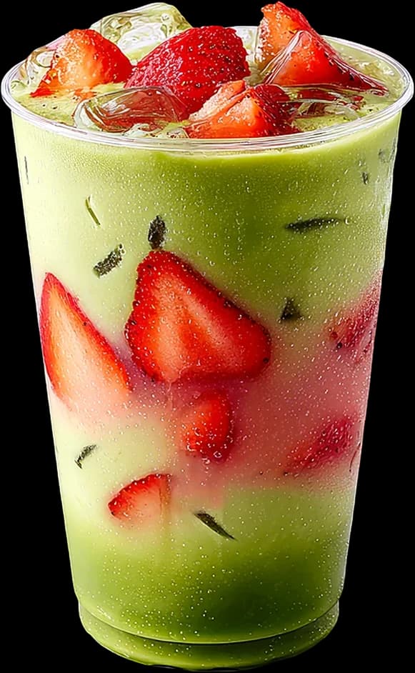 Çilekli matcha latte, buzlu bardakta